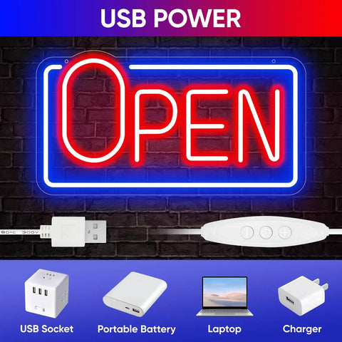 22 Inch LED Neon Open Sign For Storefront Windows with USB power options including socket, battery, laptop, and charger.