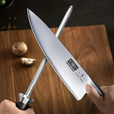 10 Inch Professional Kitchen Knife Sharpener Rod For All Chef Knives With Japanese High Carbon Steel Ergonomic Pakkawood Handle Pro Grade Honing Rod For Precision Sharpening in use with chef knife on wooden surface