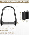 Four Pack E Track Wheel Chocks for Enclosed Trailers and Garages, shown in steel black with dimensions and clip details