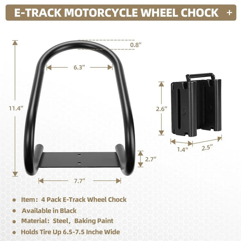Four Pack E Track Wheel Chocks for Enclosed Trailers and Garages, shown in steel black with dimensions and clip details