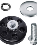 Go-kart clutch bolt kit with black clutch plate, 3/4 inch bolt and lock washer; four sets.
