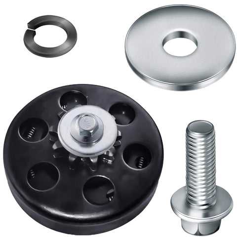 Go-kart clutch bolt kit with black clutch plate, 3/4 inch bolt and lock washer; four sets.