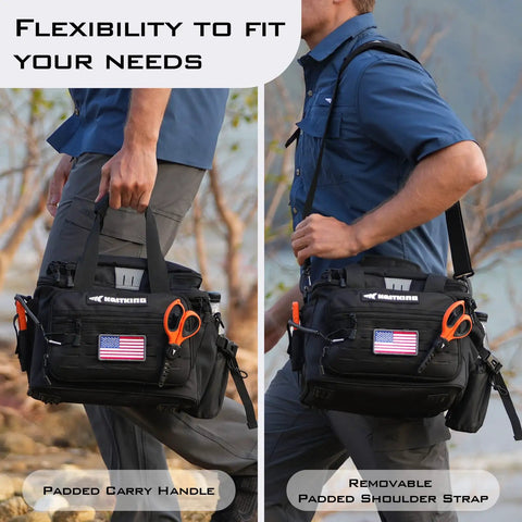 Person carrying Karryall Tackle Bags Water Resistant Gear Storage with padded shoulder strap and carry handle options.