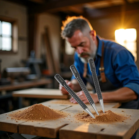 Three Piece High Carbon Steel Center Punch Set for Metal Wood and Alloy Steel 10cm Long Includes One Quarter Inch Three Eighth Inch and One Half Inch Tips placed on a workbench