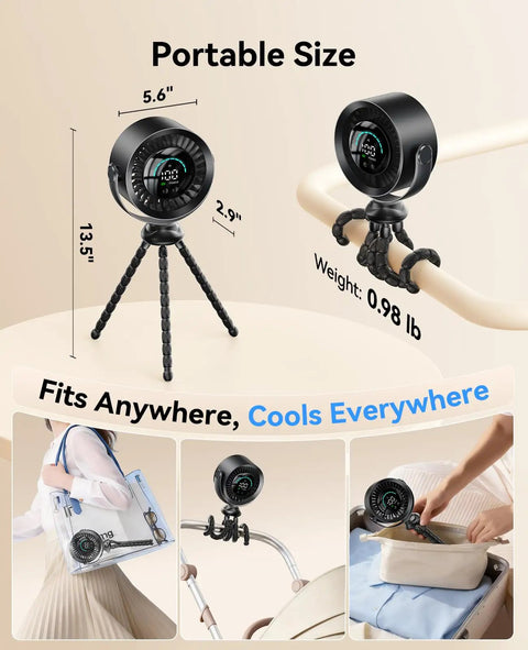 Portable Baby Stroller Clip Fan With 360 Degree Rotation, Quiet USB Rechargeable Fan shown clipped on stroller and in bag