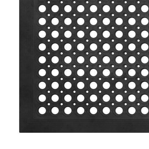 Close-up of a Heavy Duty Rubber Floor Mat With Grippy Non Slip Surface, perforated drainage design, 36 by 60 inches, black.
