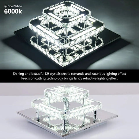 Modern Crystal Flush Mount Ceiling Light 11.8 Inch Square Mini Chandelier For Hallway Foyer Dining Room 6000K Cool White
