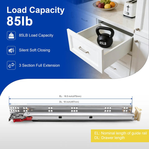 Beefy Heavy Duty 18 Inch Undermount Drawer Slides With Soft Close Full Extension Bottom Mount Cabinet Rails Zinc Plated 85 Lb Capacity Includes Mounting Hardware For Multi Drawer Replacement, 18-inch drawer slide