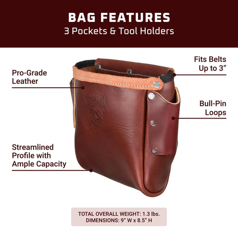 OxyRed Leather Iron Worker Bolt Bag With 3 Pockets And Tool Holders, shown with bull pin loops and 3-inch belt compatibility