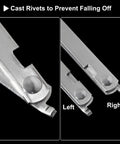 Close-up of stainless steel cast rivets on 2 pack lid support hinges with soft close and rotating folding lid stay hinges.