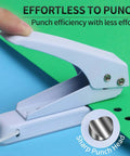 Heavy Duty 1/4 Inch Single Hole Paper Punch for Crafts and Office Use shown punching green paper with ease, featuring sharp punch head inset.