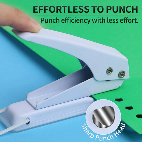 Heavy Duty 1/4 Inch Single Hole Paper Punch for Crafts and Office Use shown punching green paper with ease, featuring sharp punch head inset.