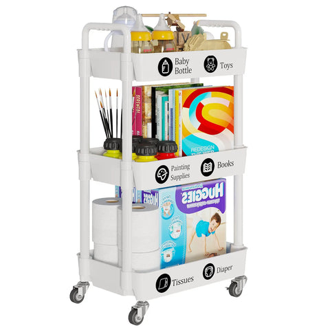 Three Tier Rolling Cart With Wheels For Kitchen Bathroom Laundry Storage, All Purpose Utility Organizer On Wheels, Mobile Shelving Unit With Classified Stickers, Easy Roll, Space Saving Trolley In White filled with books and supplies