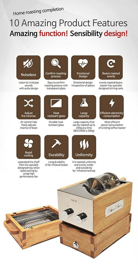 Home Coffee Bean Roaster 250 with transparent glass chamber and noiseless operation, features wood casing and control knobs