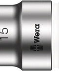 Zyklop Three Eighths Inch Socket With Hex Head, 15mm Size, 29mm Length, brushed chrome, rear knurling visible