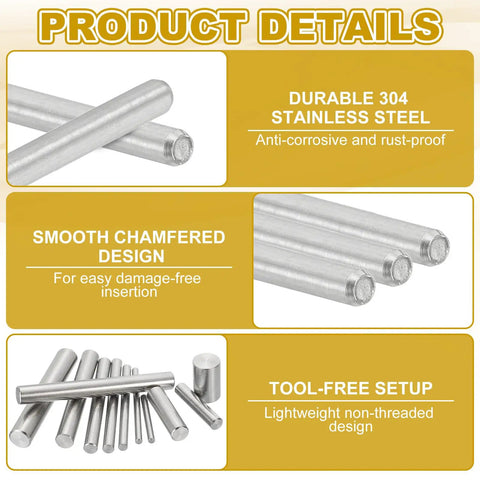 Durable 304 stainless steel dowel pins for woodworking, featuring smooth chamfered design for easy insertion, Prime Grade 2mm X 15mm Stainless Steel Dowel Pins 60 Pack Rock Solid 304 Steel Shelf Pegs and Rod Supports for Heavy Duty Woodworking Fixes Hella Durable DIY Furniture Repairs Rust Free.