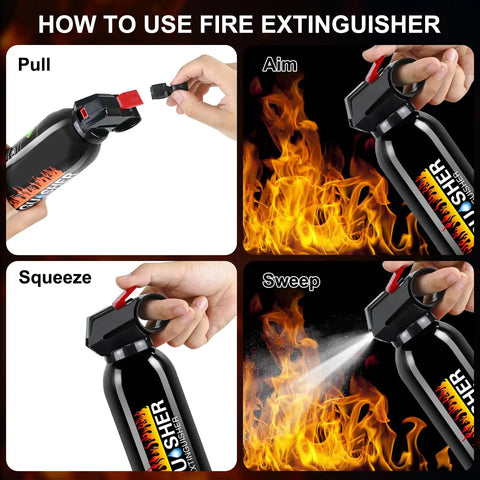 How to use Portable Home Fire Extinguisher Kit 8 In 1 A B C K 620ml With Mounting Bracket showing pull, aim, squeeze, sweep steps