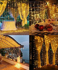 304 LED Curtain Lights Outdoor 9.8Ft By 9.8Ft With 8 Modes Plug In Connectable Fairy String Lights For Bedroom Dorm Backdrop Wall Wedding Decor Warm White Cozy Vibes displayed in various settings with warm white glow.