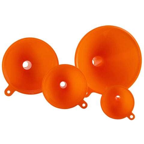 Orange Four Pack Plastic Oil Funnel Set for Auto and Kitchen Use with Shielded Tube Wide Mouth for Easy Pouring Car Oil Gas Lubricants