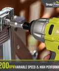 DIY Friendly Cordless Impact Driver Kit With 20V Power And 1350 In Lbs Torque driving a screw into metal