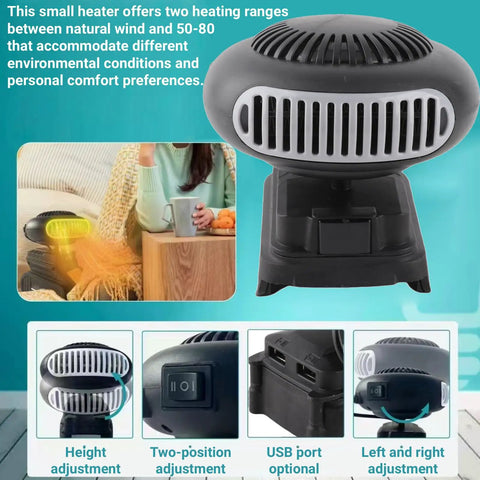 Cordless Battery Powered Space Heater 170 Watt Portable Desk Warmer showing height and position adjustments for optimal use.