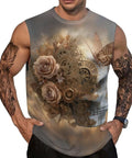 Hella Comfy Dope Mens Hawaiian Floral Skull Butterfly Graphic Sleeveless Tank Top Quick Dry Loose Fit Gym Beach Workout Shirt, featuring intricate floral and mechanical designs.