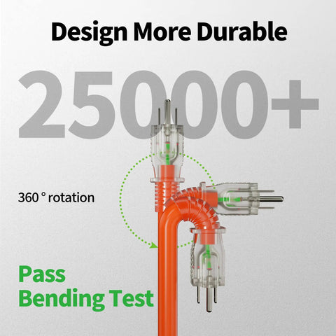 Beefy Heavy Duty 25 Feet Outdoor Extension Cord Waterproof With Lighted End 12 Gauge 3 Prong SJTW Orange bending test