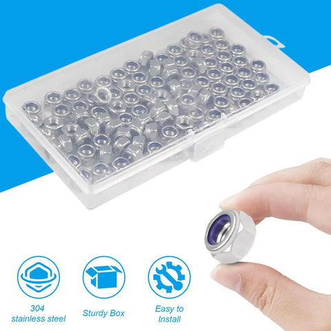 Plastic container with 100 Pack M6 Nylon Insert Lock Nuts Self Locking Hex Nuts, Yinpecly 304 Stainless Steel, close-up view