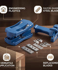 Boss Level Woodworking Edge Trimmer Kit With Twin Handles For Razor Flat Flush Cuts and Dead On Edge Banding on Cabinetry and Furniture Builds, featuring blue engineering plastic body and steel blades.