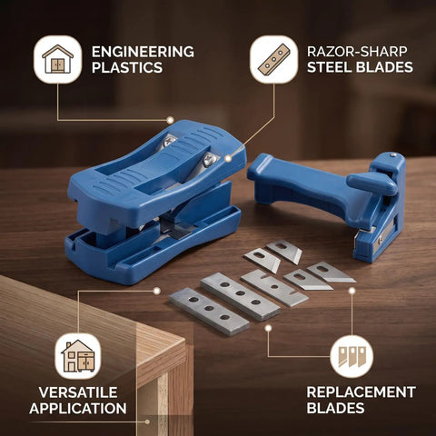 Boss Level Woodworking Edge Trimmer Kit With Twin Handles For Razor Flat Flush Cuts and Dead On Edge Banding on Cabinetry and Furniture Builds, featuring blue engineering plastic body and steel blades.