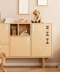 Wooden cabinet with White Glossy Ceramic Cabinet Pulls Arch Shaped 4 Pack Dresser Knobs, ideal for kitchen and bedroom.