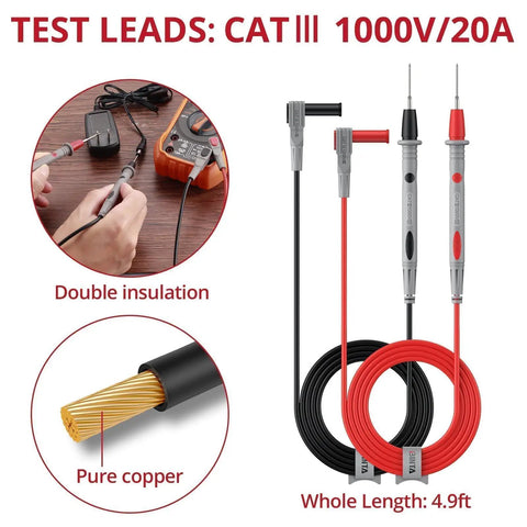 25 Piece Silicone Multimeter Leads Kit With Replaceable Probes CAT III 1000V 20A displayed with red and black cables.