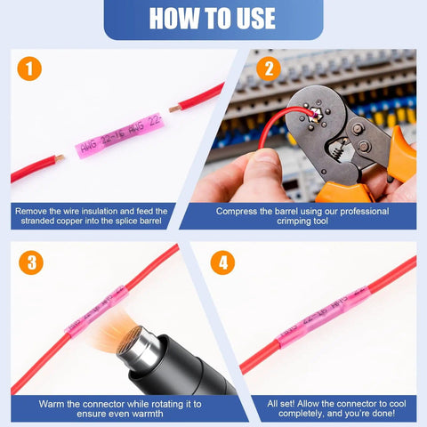 Steps to use the 120 Piece Heat Shrink Butt Connectors Kit for Automotive and Marine Wiring, Waterproof Marine Grade Wire Connectors.