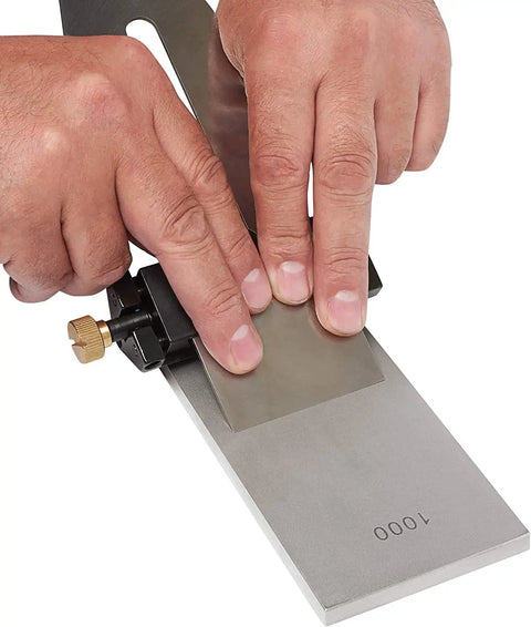 Pro Grade Diamond Whetstone Honing And Polishing Kit with hands sharpening a tool on 1000 grit monocrystalline diamond surface