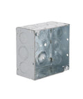 Four Inch Square Electrical Box With 2-1/8 Inch Depth And 1/2 And 3/4 Inch Side Knockouts Welded Gray 25 Pack For Receptacles Switches And Fixtures In Walls Or Ceilings UL Listed Two Hour Fire Rated Ready For Quick Install front view