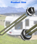 Close-up of Rugged 1400W RV Water Heater Element Screw In 110V 120V Easy Install dimensions with camper background.