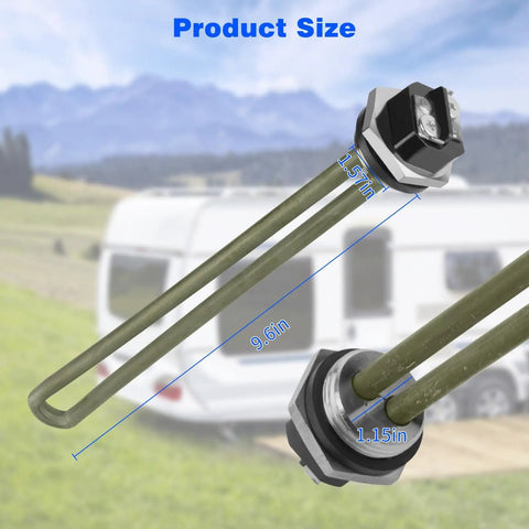 Close-up of Rugged 1400W RV Water Heater Element Screw In 110V 120V Easy Install dimensions with camper background.