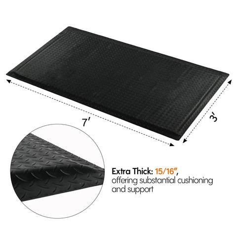 Heavy Duty Anti Fatigue Floor Mat Built For Long Shifts 3 Ft By 7 Ft Thick Fifteen Sixteenths Inch Ergonomic Standing Mat for Commercial Kitchens and Workshop Floors Diamond Plate Design Relieves Back and Leg Soreness showing textured surface and beveled edges.