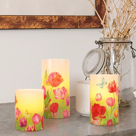 Flameless LED Candles With Remote Set Of 3 Real Wax Bunny Glass Decor with floral design on a table