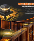 8 Pack Solar Post Cap Lights for Outdoor Deck and Garden illuminating railing at night with soft glow, no wiring, easy install.