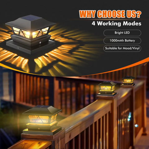 8 Pack Solar Post Cap Lights for Outdoor Deck and Garden illuminating railing at night with soft glow, no wiring, easy install.