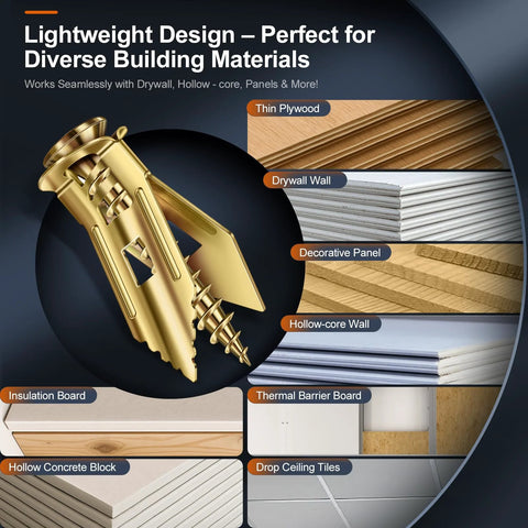 Self Drilling Drywall Anchors With Screws Set 160 Pcs Dual Size 0.47x1.18 In Light Duty And 0.47x1.57 In Heavy Duty Zinc Plated Steel No Drill Needed Ideal For Picture Frames Shelves And TV Mounts, image showing anchor and compatible materials like drywall and plywood.