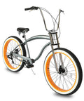 Fat Tire Cruiser Bike With 7 Speed Shimano, Iconic Stretch Chopper Frame, Beach Cruiser Style in greyish orange finish