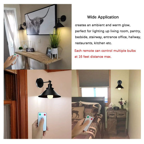 Two Pack Black Swing Arm Wall Sconces With Remote Control Cordless Battery Powered LED Wall Lamps in living room settings