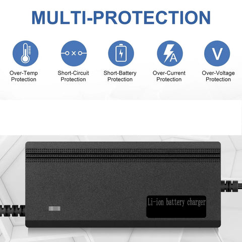 Fast And Safe 54.6V 3A Universal Battery Charger For 48V LiIon Pack With multi-protection features and connectors displayed