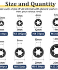 Vifmy 500pcs internal-tooth star lock washers set, eight sizes (M2.5–M12), steel black oxide