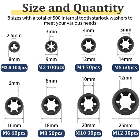 Vifmy 500pcs internal-tooth star lock washers set, eight sizes (M2.5–M12), steel black oxide