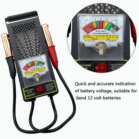 Battery Load Tester For 6V And 12V Vehicles And Marine Gear, Alternator Tester With Voltmeter And Alligator Clips, black metal handheld tester