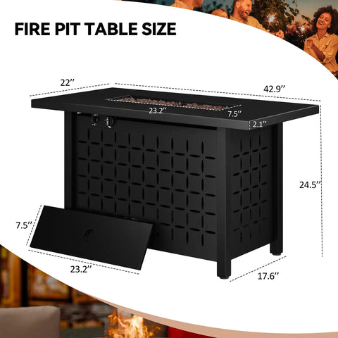 43 Inch Outdoor Gas Fire Pit Table With 50000 BTU Propane Heat Includes Lid And Lava Rock Rectangular Steel Patio Heater