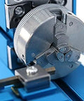 Close-up of Mini Motorized Lathe Machine For Diy Enthusiasts And School Tech Classes Precision Engine Turning Tool chuck detail.